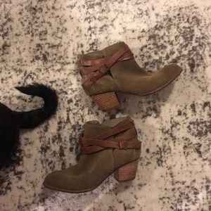 Brown and grey/green booties